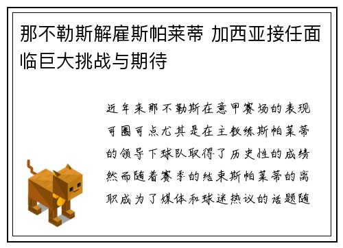 那不勒斯解雇斯帕莱蒂 加西亚接任面临巨大挑战与期待